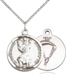 [0192SS7/18SS] Sterling Silver Saint Christopher Paratrooper Pendant on a 18 inch Sterling Silver Light Curb chain