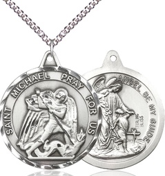 [0201RSS/24SS] Sterling Silver Saint Michael Guardian Angel Pendant on a 24 inch Sterling Silver Heavy Curb chain