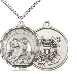 [0201SS3/24SS] Sterling Silver Saint Michael Coast Guard Pendant on a 24 inch Sterling Silver Heavy Curb chain