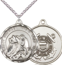 [0201SS3/24SS] Sterling Silver Saint Michael Coast Guard Pendant on a 24 inch Sterling Silver Heavy Curb chain