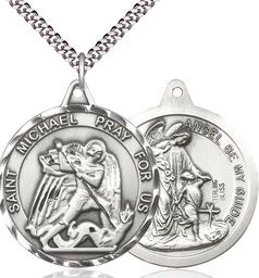 [0201RSS/24S] Sterling Silver Saint Michael Guardian Angel Pendant on a 24 inch Light Rhodium Heavy Curb chain