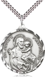 [0203KSS/24S] Sterling Silver Saint Joseph Pendant on a 24 inch Light Rhodium Heavy Curb chain