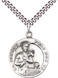 [0701GSS/24S] Sterling Silver Saint Gerard Pendant on a 24 inch Light Rhodium Heavy Curb chain