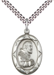 [0801PISS/24S] Sterling Silver Saint Pio of Pietrelcina Pendant on a 24 inch Light Rhodium Heavy Curb chain