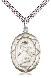 [0801TSS/24S] Sterling Silver Saint Theresa Pendant on a 24 inch Light Rhodium Heavy Curb chain