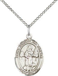 [8276SS/18SS] Sterling Silver Saint Isidore the Farmer Pendant on a 18 inch Sterling Silver Light Curb chain