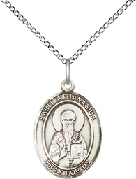 [8296SS/18SS] Sterling Silver Saint Athanasius Pendant on a 18 inch Sterling Silver Light Curb chain