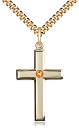 [2190GF-STN11/24G] 14kt Gold Filled Cross Pendant with a 3mm Topaz Swarovski stone on a 24 inch Gold Plate Heavy Curb chain