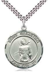 [0835SS/24S] Sterling Silver Saint Sebastian Pendant on a 24 inch Light Rhodium Heavy Curb chain