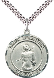 [0835SS/24S] Sterling Silver Saint Sebastian Pendant on a 24 inch Light Rhodium Heavy Curb chain