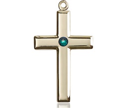 [2190KT-STN5] 14kt Gold Cross Medal with a 3mm Emerald Swarovski stone