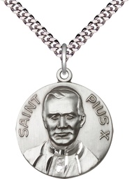 [0884SS/24S] Sterling Silver Pope Pius X Pendant on a 24 inch Light Rhodium Heavy Curb chain