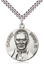 [0884SS/24S] Sterling Silver Pope Pius X Pendant on a 24 inch Light Rhodium Heavy Curb chain