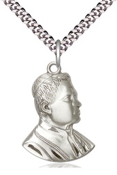 [0897SS/24S] Sterling Silver Saint Pius X Pendant on a 24 inch Light Rhodium Heavy Curb chain