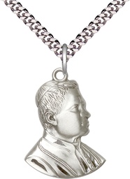 [0897SS/24S] Sterling Silver Saint Pius X Pendant on a 24 inch Light Rhodium Heavy Curb chain