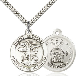 [1170SS1/24S] Sterling Silver Saint Michael Air Force Pendant on a 24 inch Light Rhodium Heavy Curb chain