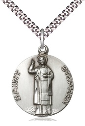 [0914SS/24S] Sterling Silver Saint Stephen Pendant on a 24 inch Light Rhodium Heavy Curb chain