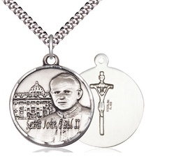 [1013SS/24S] Sterling Silver Saint John Paul II Vatican Pendant on a 24 inch Light Rhodium Heavy Curb chain