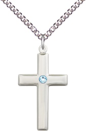 [2190SS-STN3/24SS] Sterling Silver Cross Pendant with a 3mm Aqua Swarovski stone on a 24 inch Sterling Silver Heavy Curb chain