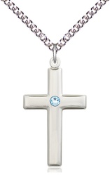 [2190SS-STN3/24SS] Sterling Silver Cross Pendant with a 3mm Aqua Swarovski stone on a 24 inch Sterling Silver Heavy Curb chain