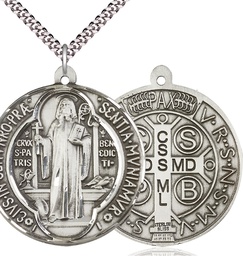 [1057SS/24S] Sterling Silver Saint Benedict Pendant on a 24 inch Light Rhodium Heavy Curb chain
