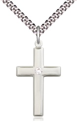 [2190SS-STN4/24S] Sterling Silver Cross Pendant with a 3mm Crystal Swarovski stone on a 24 inch Light Rhodium Heavy Curb chain