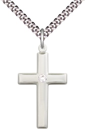 [2190SS-STN4/24S] Sterling Silver Cross Pendant with a 3mm Crystal Swarovski stone on a 24 inch Light Rhodium Heavy Curb chain