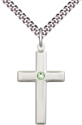 [2190SS-STN8/24S] Sterling Silver Cross Pendant with a 3mm Peridot Swarovski stone on a 24 inch Light Rhodium Heavy Curb chain