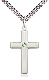 [2190SS-STN8/24S] Sterling Silver Cross Pendant with a 3mm Peridot Swarovski stone on a 24 inch Light Rhodium Heavy Curb chain