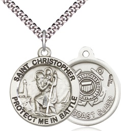 [1174SS3/24S] Sterling Silver Saint Christopher Coast Guard Pendant on a 24 inch Light Rhodium Heavy Curb chain