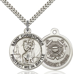 [1174SS3/24S] Sterling Silver Saint Christopher Coast Guard Pendant on a 24 inch Light Rhodium Heavy Curb chain