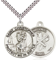 [1174SS5/24S] Sterling Silver Saint Christopher National Guard Pendant on a 24 inch Light Rhodium Heavy Curb chain