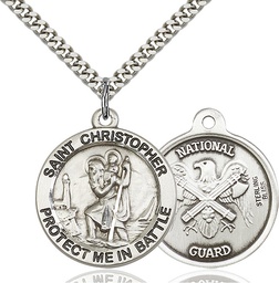 [1174SS5/24S] Sterling Silver Saint Christopher National Guard Pendant on a 24 inch Light Rhodium Heavy Curb chain