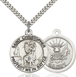 [1174SS6/24S] Sterling Silver Saint Christopher Navy Pendant on a 24 inch Light Rhodium Heavy Curb chain