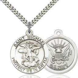 [1170SS6/24S] Sterling Silver Saint Michael Navy Pendant on a 24 inch Light Rhodium Heavy Curb chain