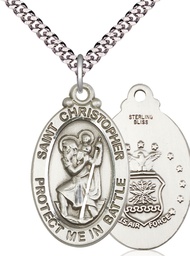 [1175SS1/24S] Sterling Silver Saint Christopher Air Force Pendant on a 24 inch Light Rhodium Heavy Curb chain