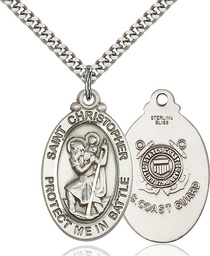 [1175SS3/24S] Sterling Silver Saint Christopher Coast Guard Pendant on a 24 inch Light Rhodium Heavy Curb chain