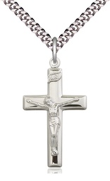 [2191SS/24S] Sterling Silver Crucifix Pendant on a 24 inch Light Rhodium Heavy Curb chain