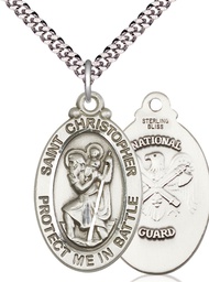 [1175SS5/24S] Sterling Silver Saint Christopher National Guard Pendant on a 24 inch Light Rhodium Heavy Curb chain