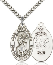 [1175SS5/24S] Sterling Silver Saint Christopher National Guard Pendant on a 24 inch Light Rhodium Heavy Curb chain