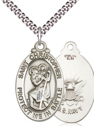 [1175SS6/24S] Sterling Silver Saint Christopher Navy Pendant on a 24 inch Light Rhodium Heavy Curb chain