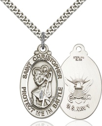 [1175SS6/24S] Sterling Silver Saint Christopher Navy Pendant on a 24 inch Light Rhodium Heavy Curb chain