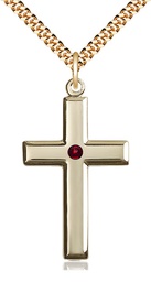 [2192GF-STN1/24G] 14kt Gold Filled Cross Pendant with a 3mm Garnet Swarovski stone on a 24 inch Gold Plate Heavy Curb chain