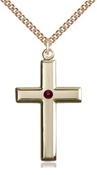 [2192GF-STN1/24GF] 14kt Gold Filled Cross Pendant with a 3mm Garnet Swarovski stone on a 24 inch Gold Filled Heavy Curb chain