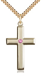 [2192GF-STN10/24G] 14kt Gold Filled Cross Pendant with a 3mm Rose Swarovski stone on a 24 inch Gold Plate Heavy Curb chain