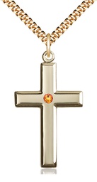 [2192GF-STN11/24G] 14kt Gold Filled Cross Pendant with a 3mm Topaz Swarovski stone on a 24 inch Gold Plate Heavy Curb chain