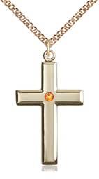 [2192GF-STN11/24GF] 14kt Gold Filled Cross Pendant with a 3mm Topaz Swarovski stone on a 24 inch Gold Filled Heavy Curb chain