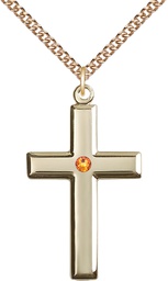 [2192GF-STN11/24GF] 14kt Gold Filled Cross Pendant with a 3mm Topaz Swarovski stone on a 24 inch Gold Filled Heavy Curb chain