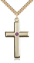 [2192GF-STN2/24G] 14kt Gold Filled Cross Pendant with a 3mm Amethyst Swarovski stone on a 24 inch Gold Plate Heavy Curb chain