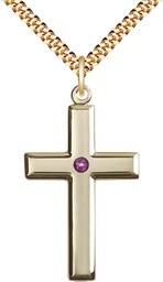 [2192GF-STN2/24G] 14kt Gold Filled Cross Pendant with a 3mm Amethyst Swarovski stone on a 24 inch Gold Plate Heavy Curb chain